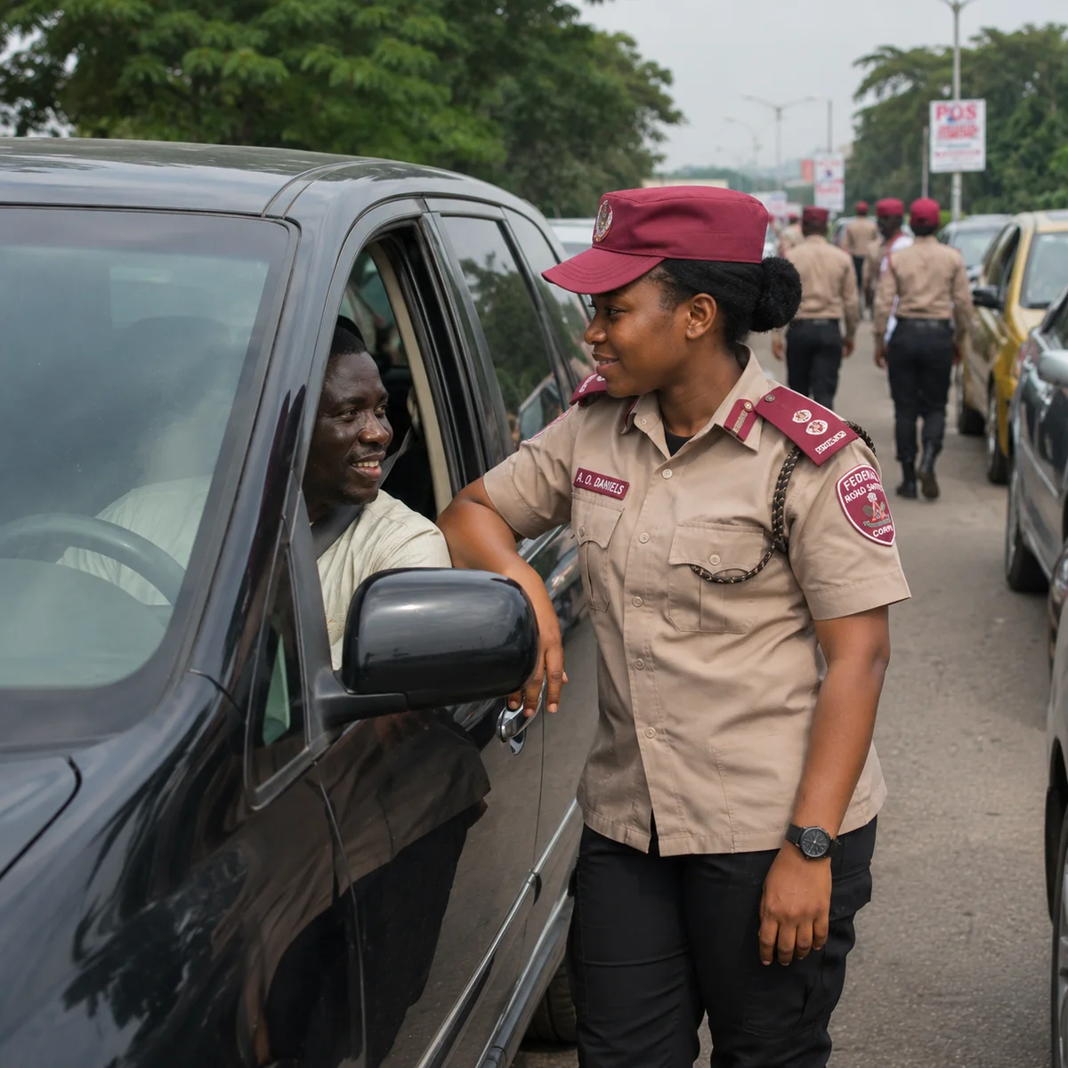 Road safety officer speaking with a driver